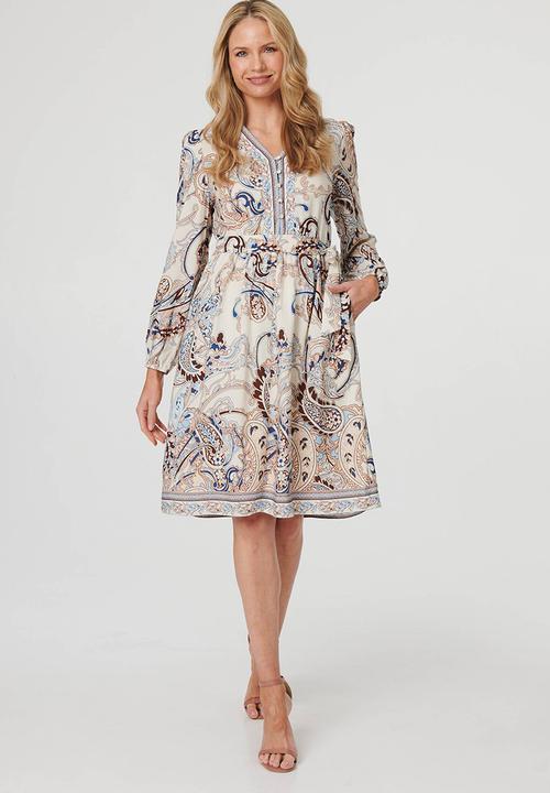 Stella Morgan - Ls With Elastic At Cuff V-Neck Midi Dress Border Print Detail - Multi 