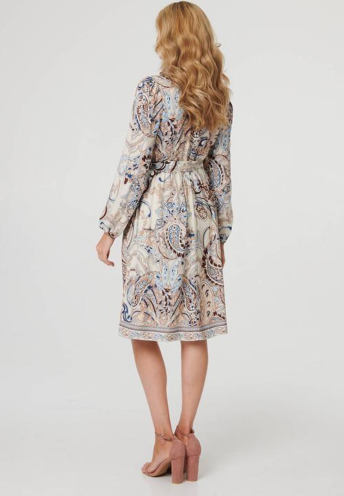 Stella Morgan - Ls With Elastic At Cuff V-Neck Midi Dress Border Print Detail - Multi 