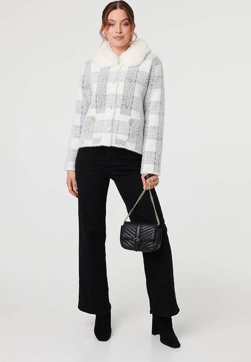 Stella Morgan - Ls Button Through Check Knitwear Jacket With Sherpa Collar - White