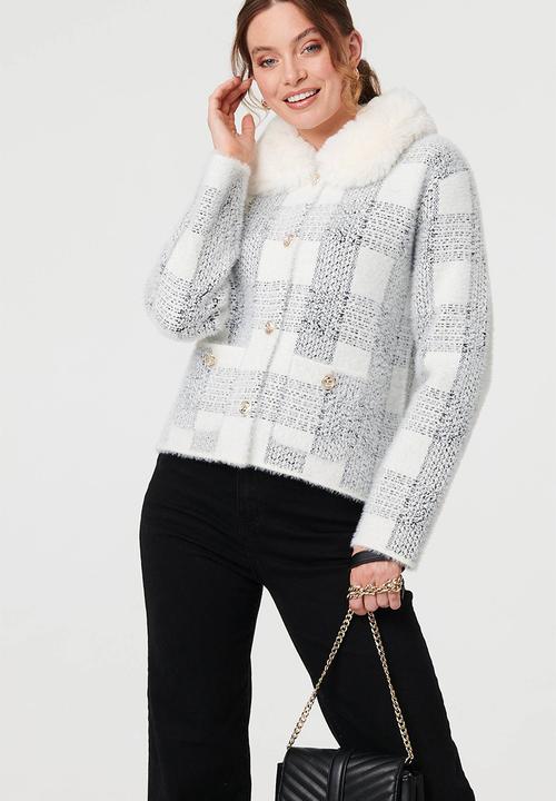 Stella Morgan - Ls Button Through Check Knitwear Jacket With Sherpa Collar - White
