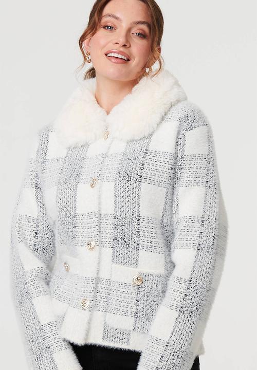 Stella Morgan - Ls Button Through Check Knitwear Jacket With Sherpa Collar - White