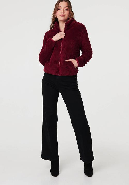 Stella Morgan - Long sleeve Zip Through Faux Teddy Jacket - Wine
