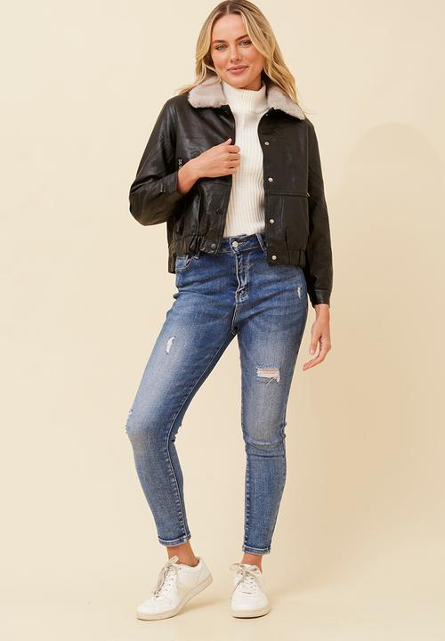 MANDI - Aviator Faux Leather Snap Button Through Cropped Length Jacket With Elastic At Hem - Black