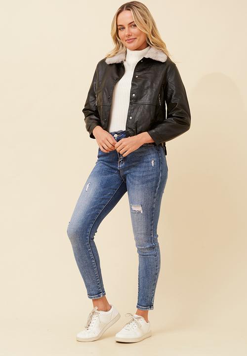 MANDI - Aviator Faux Leather Snap Button Through Cropped Length Jacket With Elastic At Hem - Black