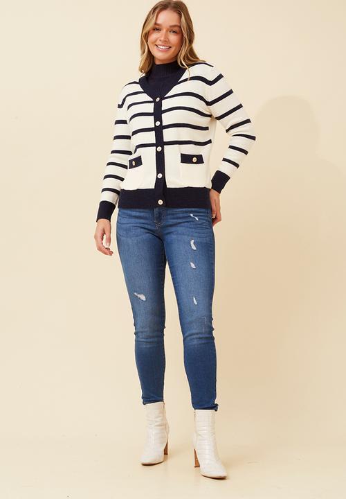Izabel London - V-Neck Button Through Stripe Knitwear Cardi With Gold Buttons - Ivory