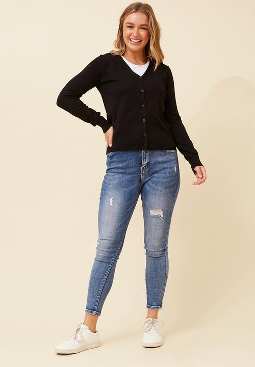 Izabel London - Long Sleeve V-Neck Button Through Cardigan - Black