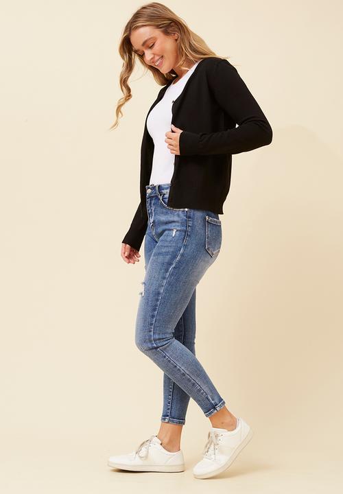 Izabel London - Long Sleeve V-Neck Button Through Cardigan - Black