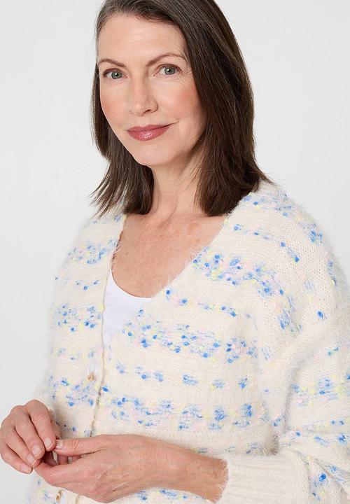 MANDI - Long Sleeve V-Neck Button Through Cardigan - Blue & White 