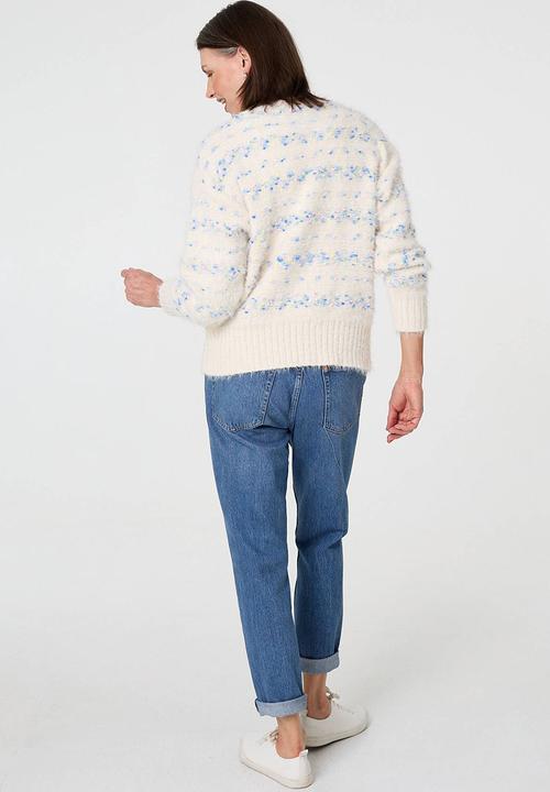 MANDI - Long Sleeve V-Neck Button Through Cardigan - Blue & White 