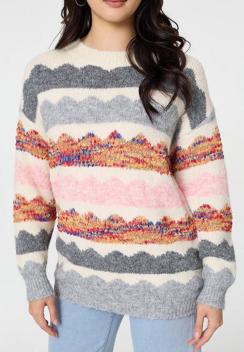 Stella Morgan - Long Sleeve Longer Length Knitwear Stripe Effect Jersey - Multi White