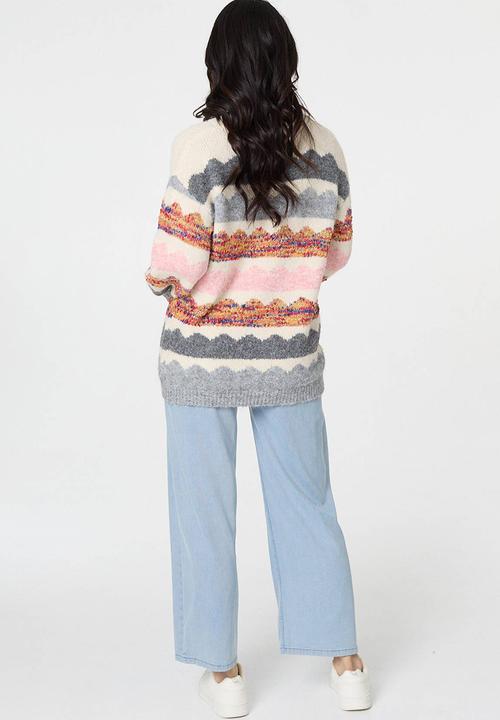 Stella Morgan - Long Sleeve Longer Length Knitwear Stripe Effect Jersey - Multi White