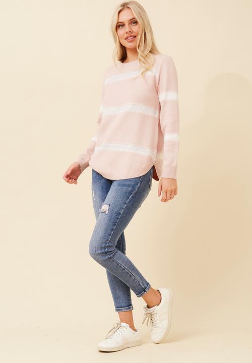 Stella Morgan - L/S Stripe Knitwear Jersey With Blong On Feront Panel - Pink