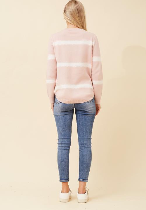 Stella Morgan - L/S Stripe Knitwear Jersey With Blong On Feront Panel - Pink