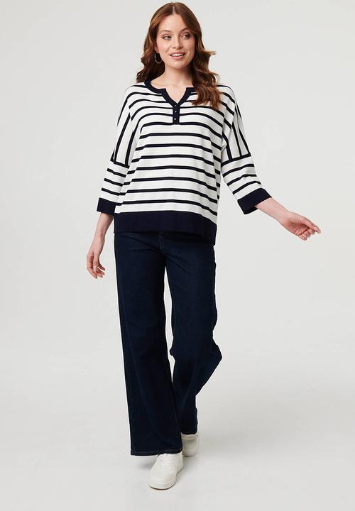 Stella Morgan - L/S Drop Shoulder Easy Wearing 3 Button Stripe Knitwear Jersey - Multi Navy