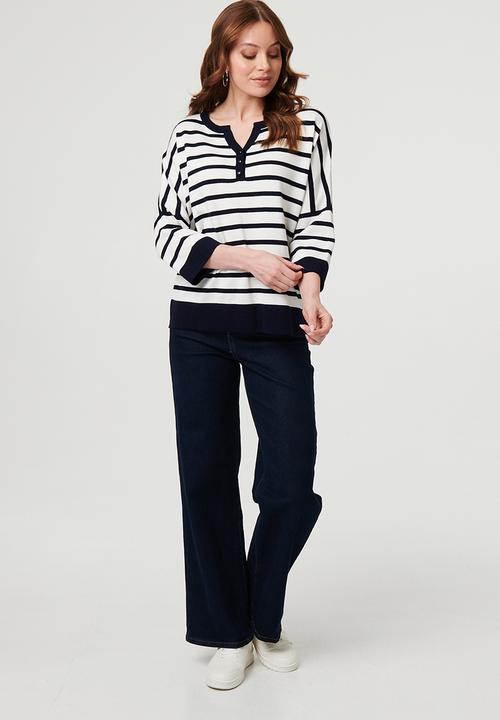 Stella Morgan - L/S Drop Shoulder Easy Wearing 3 Button Stripe Knitwear Jersey - Multi Navy
