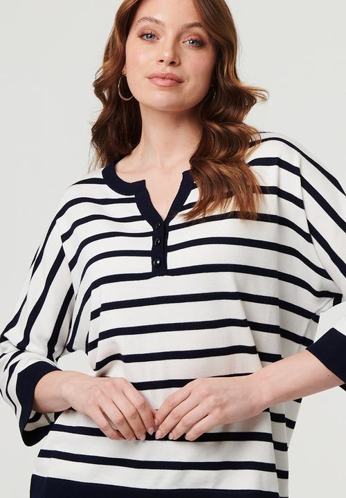 Stella Morgan - L/S Drop Shoulder Easy Wearing 3 Button Stripe Knitwear Jersey - Multi Navy