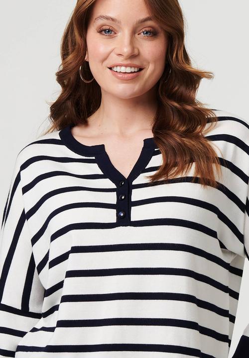 Stella Morgan - L/S Drop Shoulder Easy Wearing 3 Button Stripe Knitwear Jersey - Multi Navy