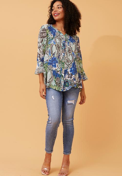 Stella Morgan - 3/4 Sleeve With Flutter V-Neck Button Through Sheer Blouse - Blue