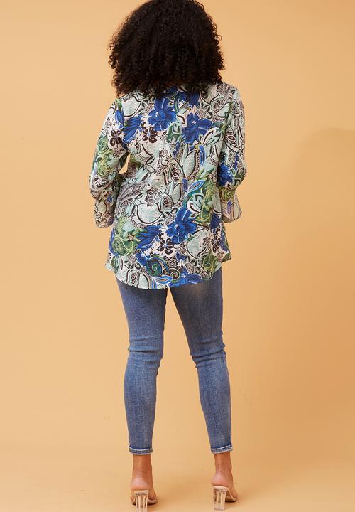 Stella Morgan - 3/4 Sleeve With Flutter V-Neck Button Through Sheer Blouse - Blue