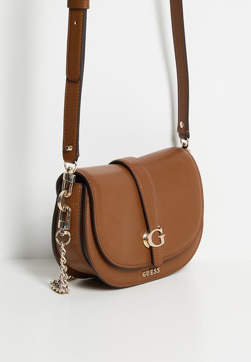 GUESS - Carrie mini flap crossbody bag- cognac