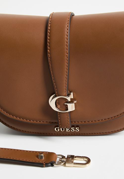 GUESS - Carrie mini flap crossbody bag- cognac