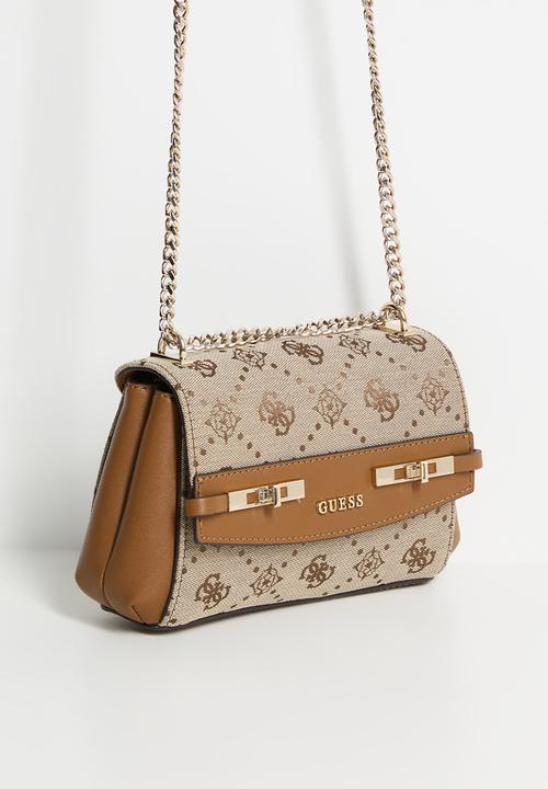 GUESS - Melinda logo mini convertible crossbody flap bag- latte logo