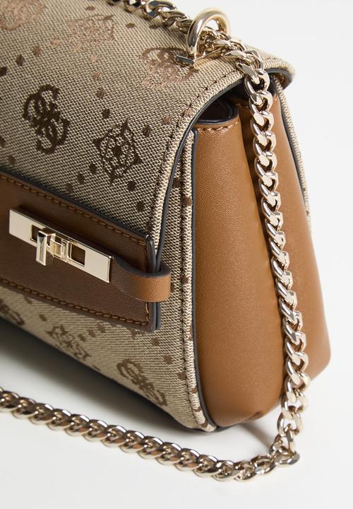 GUESS - Melinda logo mini convertible crossbody flap bag- latte logo