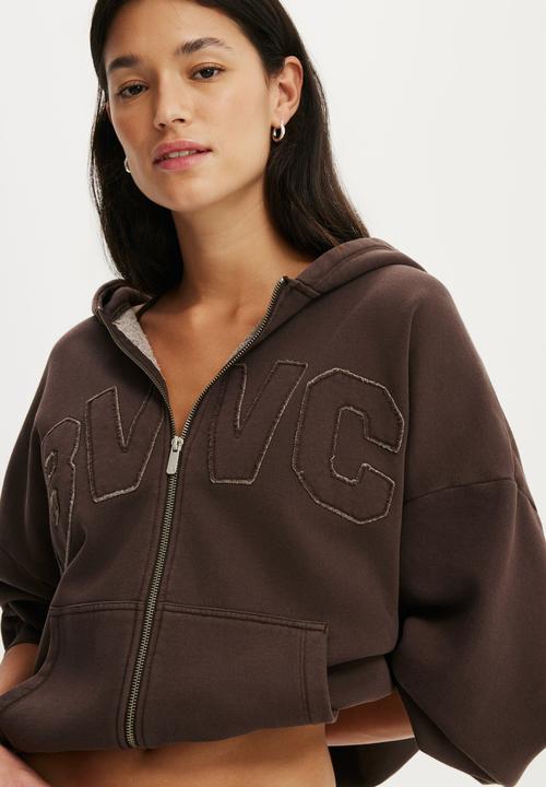Cotton On - Fleece Oversized Zip Through Hoodie - Washed French Roast/Bwc