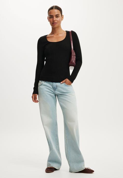 Cotton On - Goldie rib scoop neck long sleeve - black
