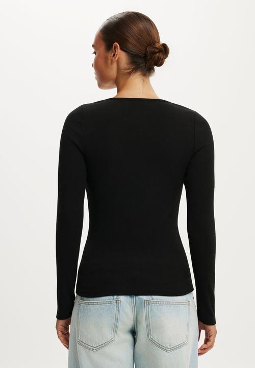 Cotton On - Goldie rib scoop neck long sleeve - black
