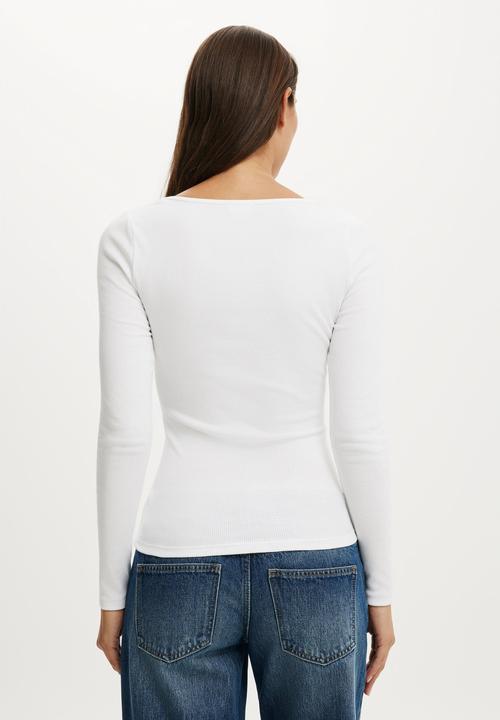 Cotton On - Goldie rib scoop neck long sleeve - white