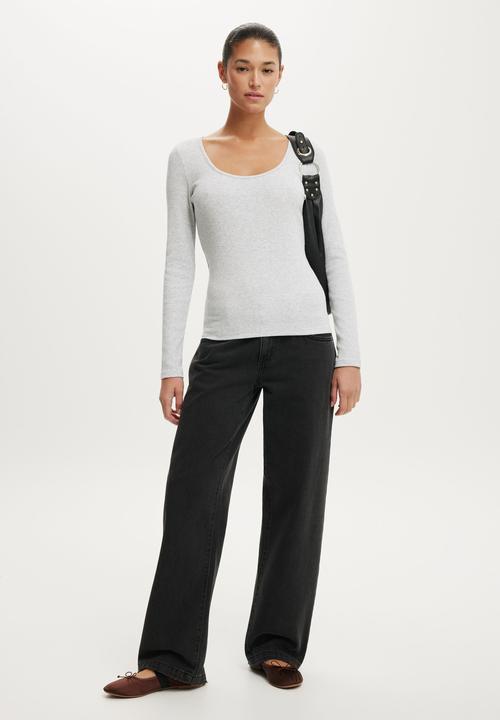 Cotton On - Goldie rib scoop neck long sleeve - grey marle