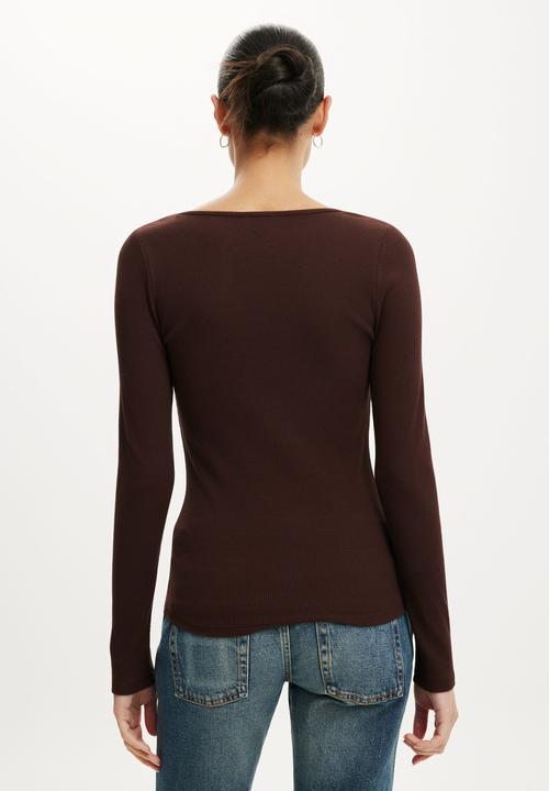Cotton On - Goldie rib scoop neck long sleeve - dark oak