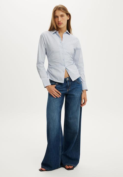 Cotton On - Peyton gathered long sleeve shirt - brenda pinstripe blue