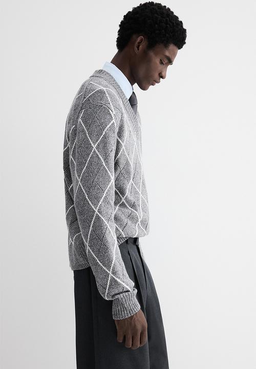H&M - Regular fit wool-blend v-neck jumper - grey/argyle pattern