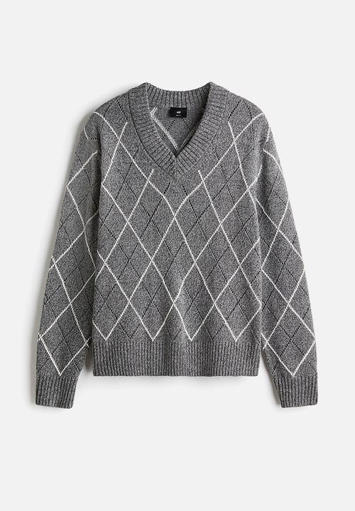 H&M - Regular fit wool-blend v-neck jumper - grey/argyle pattern