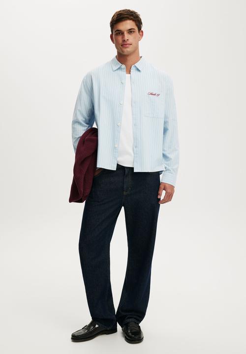 Cotton On - Bedford long sleeve shirt - sky stripe emb