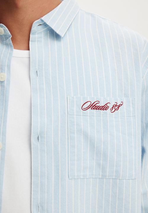 Cotton On - Bedford long sleeve shirt - sky stripe emb