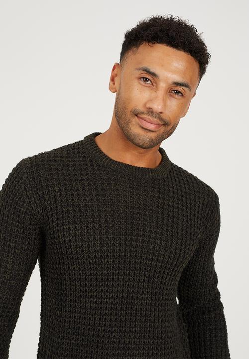 Brave Soul - Crew Neck Sweater In Waffle Knit - Khaki/Black