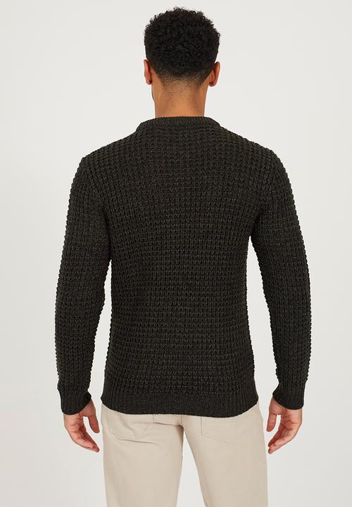 Brave Soul - Crew Neck Sweater In Waffle Knit - Khaki/Black