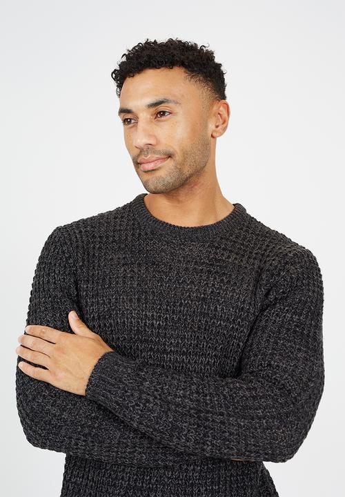 Brave Soul - Crew Neck Sweater In Waffle Knit - Charcoal/Black