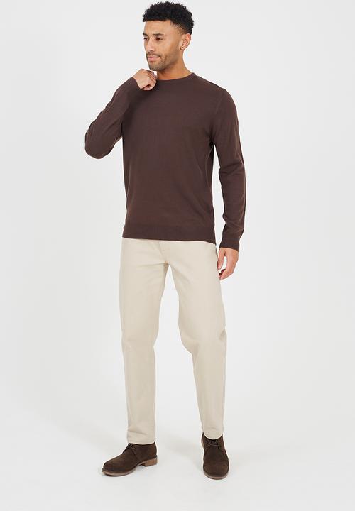 Brave Soul - Crew Neck Jumper. Flat Knit. - Bitter Chocolate
