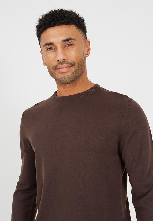 Brave Soul - Crew Neck Jumper. Flat Knit. - Bitter Chocolate