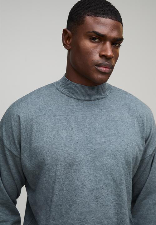 boohooMAN - Relaxed Mock Neck Knitted Jumper - Charcoal