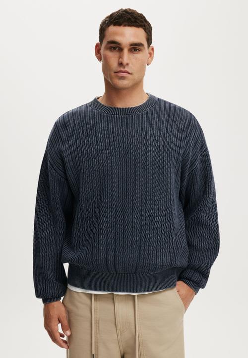 Cotton On - Box Fit Crew Knit - Washed Navy