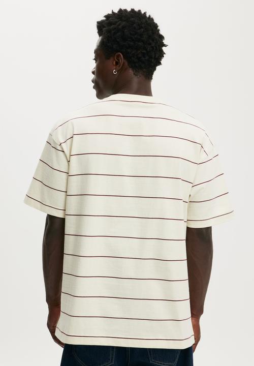 Cotton On - Box Fit T-Shirt - Creampuff / True Burgundy Stripe