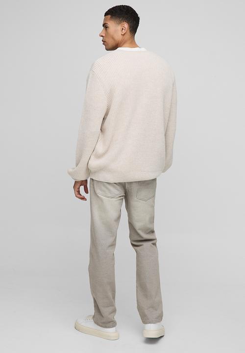 boohooMAN - Regular Fit Ribbed Zip Through Collarless Knitted Cardigan - Ecru