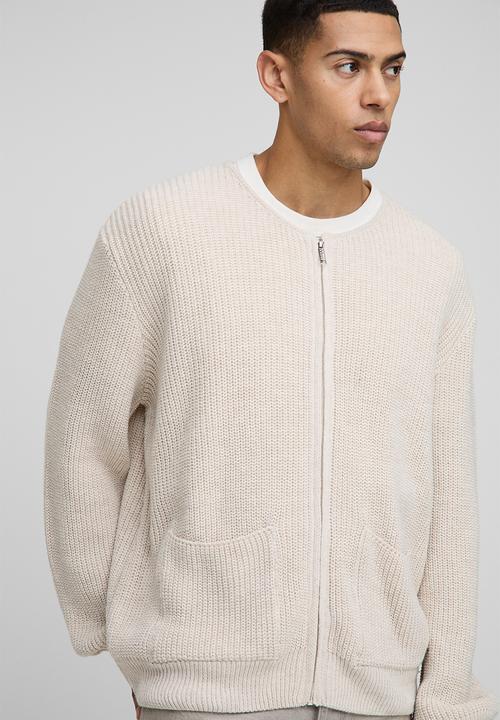 boohooMAN - Regular Fit Ribbed Zip Through Collarless Knitted Cardigan - Ecru