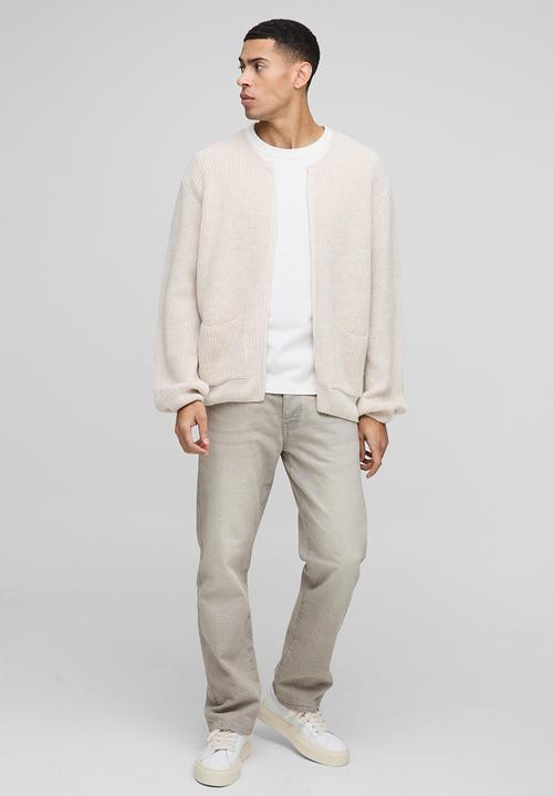 boohooMAN - Regular Fit Ribbed Zip Through Collarless Knitted Cardigan - Ecru