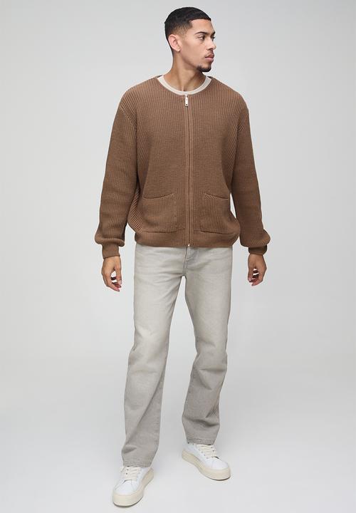boohooMAN - Regular Fit Ribbed Zip Through Collarless Knitted Cardigan - Taupe